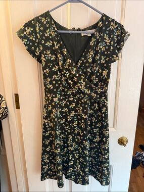 LOFT Dark Green Floral Wrap Midi Dress